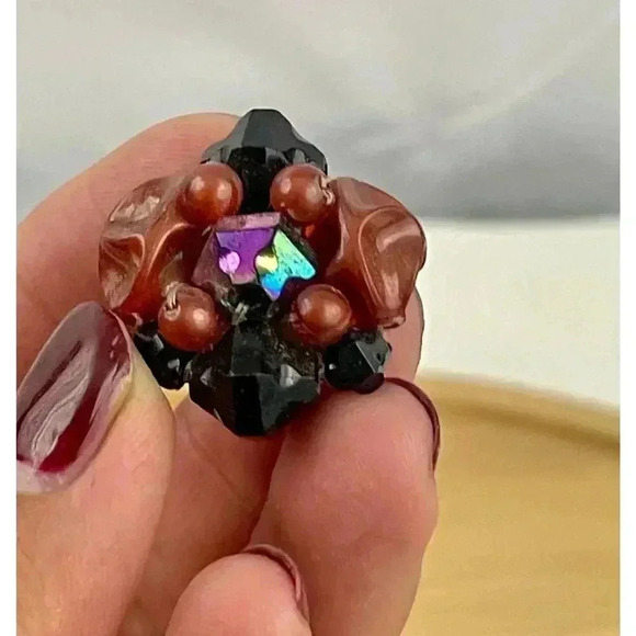 VTG Brown Black  Beaded Cluster Clip On Earrings Brass Germany 1960s - Picture 4 of 12